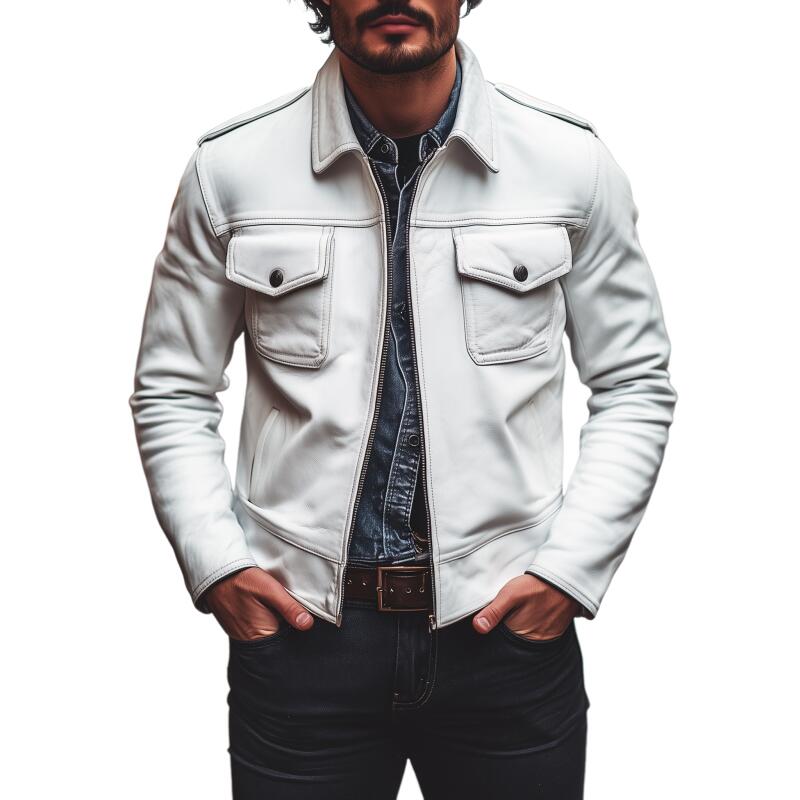 Men's Vintage Fashion Solid Color PU Lapel Zipper Placket Flap Chest Pocket Slim Fit Motorcycle Jacket MTA2766H0M