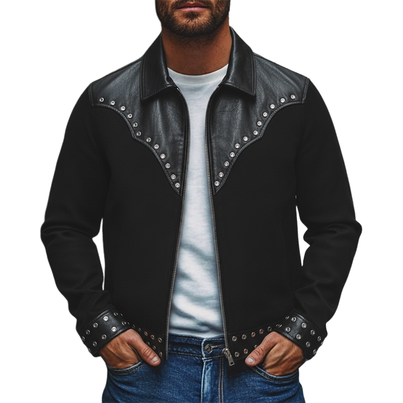 Men's Western Cowboy Style PU Stitching Faux Woolen Lapel Zipper Jacket MTA1498J6X