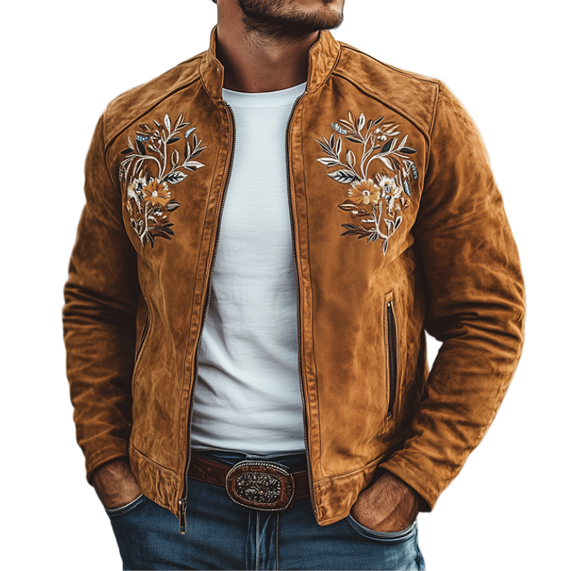 Men's Classic American Retro Western Embroidered Suede Jacket 44910769K