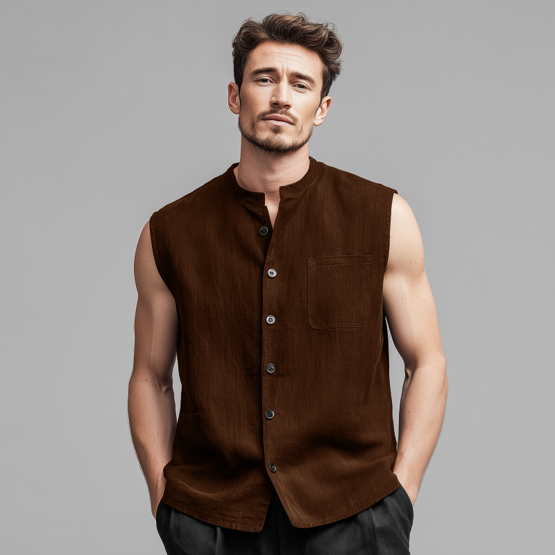 Men's Vintage Faux Suede Stand Collar Single Breasted Patch Pocket Loose Sleeveless Shirt MTA2519G2M