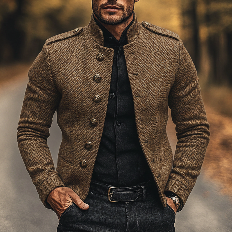 Men's Vintage Herringbone Stand Collar Single Breasted Jacket MTA1524J5X