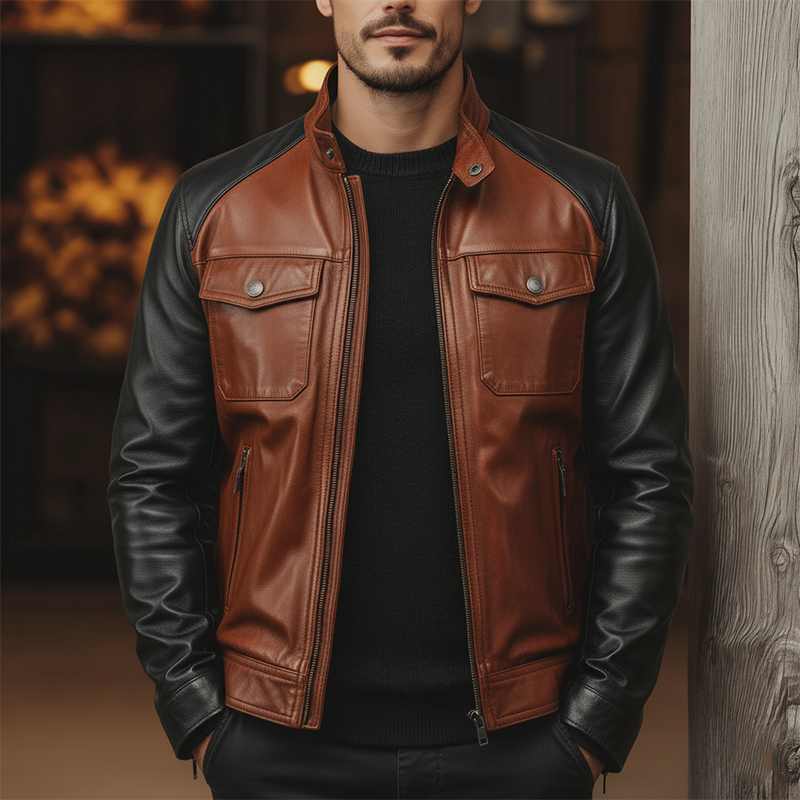 Men's Winter Retro Contrast Color Stitching PU Faux Leather Jacket MTA2342J8P