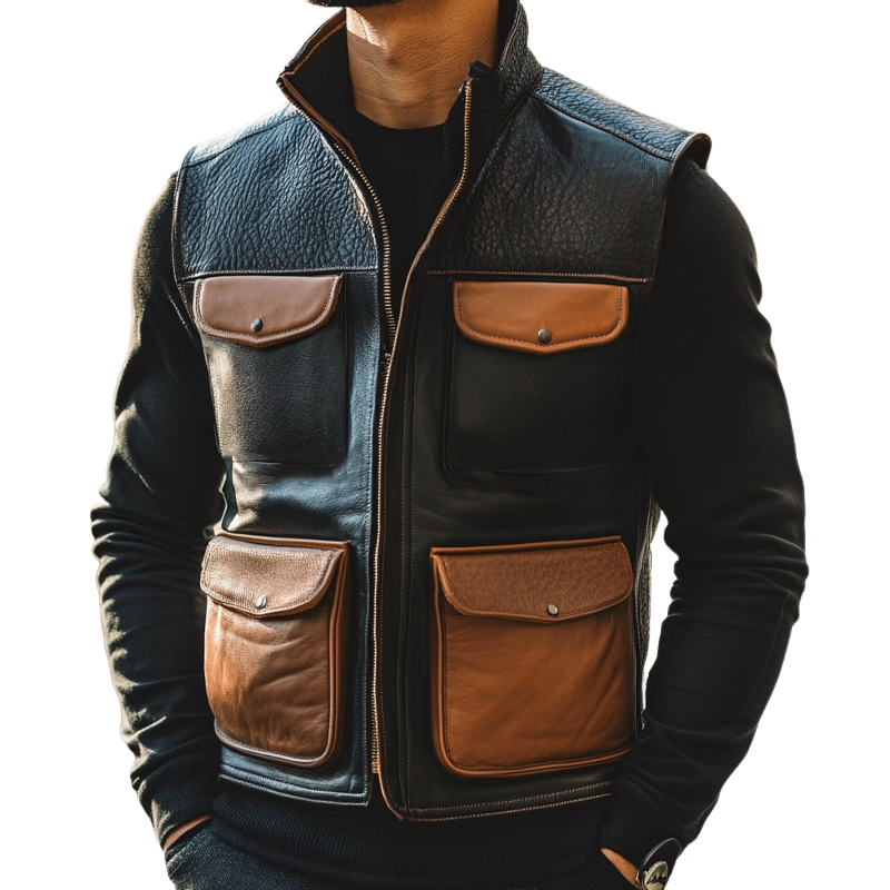 Men's Vintage Stand Collar Zippered Leather Vest 24401606U