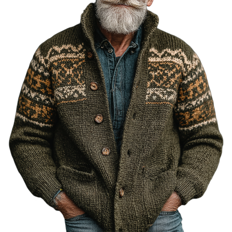 Men's Vintage Graphic Knit Stand Collar Single Breasted Casual Cardigan MTA1889I0Z