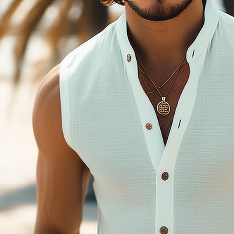 Men's Summer Basic Stand Collar Texture Sleeveless Shirt MTA0513G3U