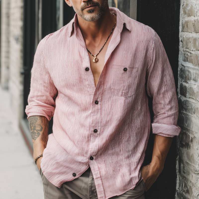 Men's Casual Loose Textured Long-sleeved Shirt MTA2161H0U