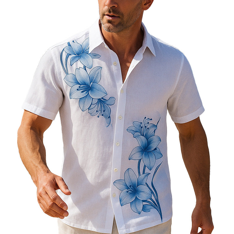 Men's Summer Lightweight Breathable Floral Print Linen Short Sleeve Shirt MTA2759E3P