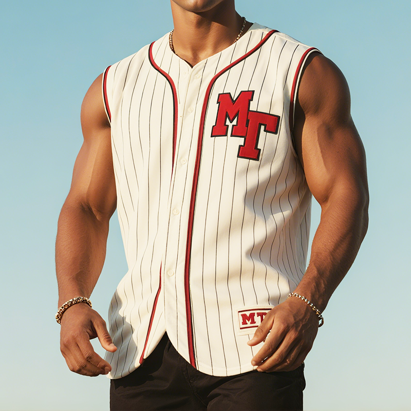 Men's Retro Casual MT Patch Striped Sleeveless Baseball Shirt MTA1931F4TO