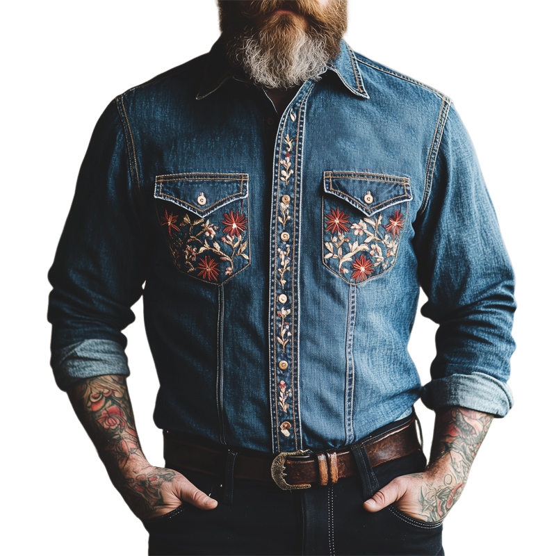 Vintage mørkeblå brodert, vasket denimskjorte for menn 55412521U