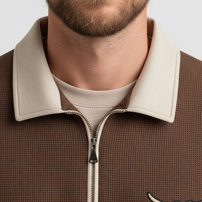 Men's Fashionable Bull Head Embroidered Waffle Polyester Blend Half-Zip Sweatshirt MTA2747J1P