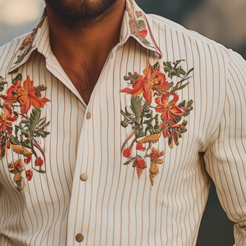 Men's Vintage Casual Floral Embroidery Striped Lapel Long Sleeve Shirt MTA2575G6TO