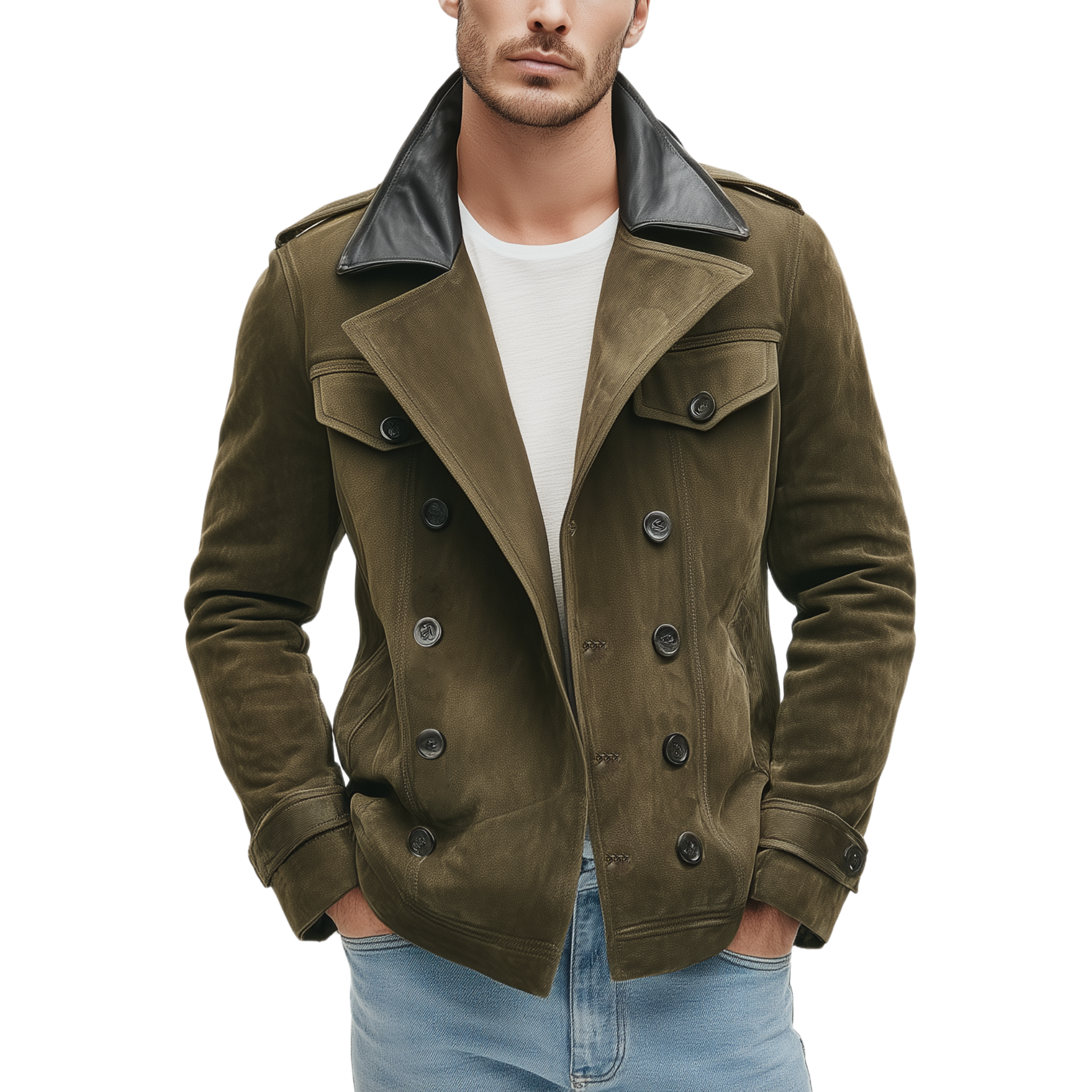 Men's Classic Retro Lapel PU Leather Double-breasted Multi-pocket Suede Jacket MTA0222I9K