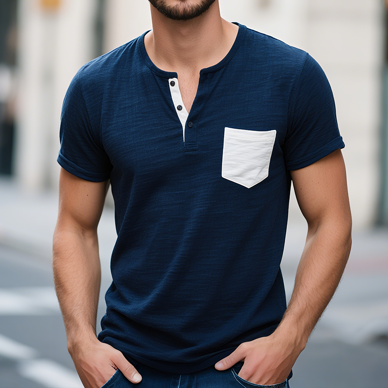 Herre bomull vintage casual fargeblokklomme Henley kortermet T-skjorte MTA0764G1TO
