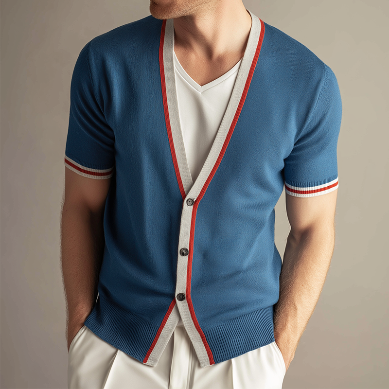 Men's Retro Casual Contrast Color Knitted Short Sleeve Sweater MTA0639H4TO