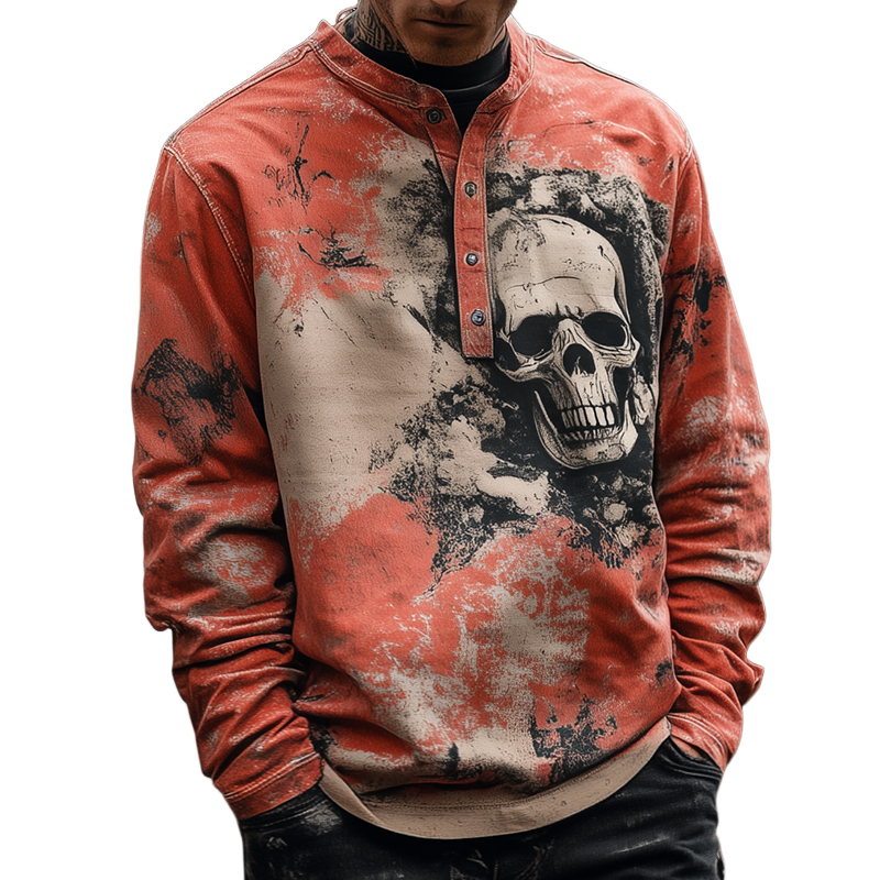 Retro Casual Rock Skull Print Henley Neck Langermet T-skjorte for menn 08636090TO