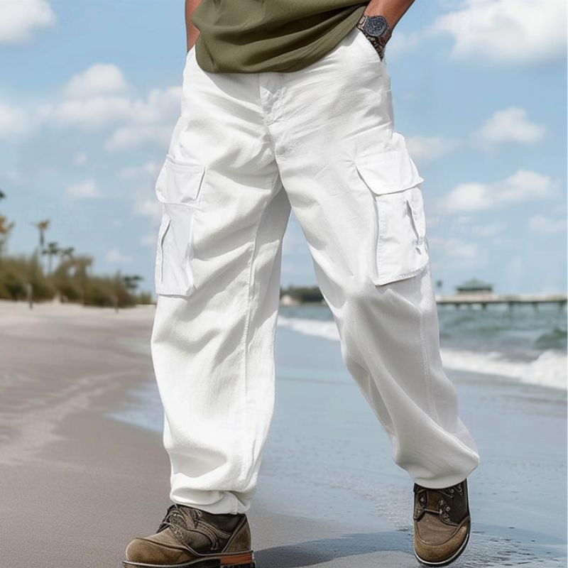 Men's Casual Cotton Linen Loose Multi-pocket Cargo Pants 21896585M