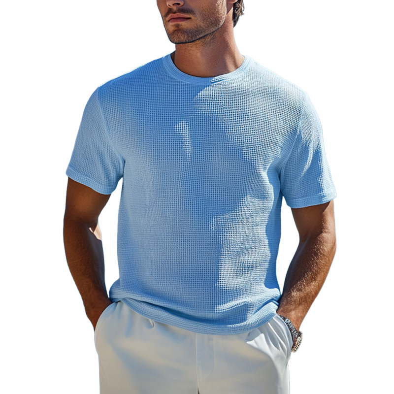 Men's Casual Cotton Blended Waffle Round Neck Loose Short Sleeve T-Shirt MTA0873E2M