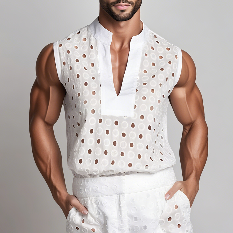 Men's Circular Hollow Embroidery Pattern V Neck Sleeveless Tank Top MTA2331F8Z
