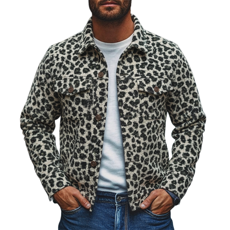 Men's Vintage Leopard Jacquard Polar Fleece Lapel Jacket MTA2988I0X