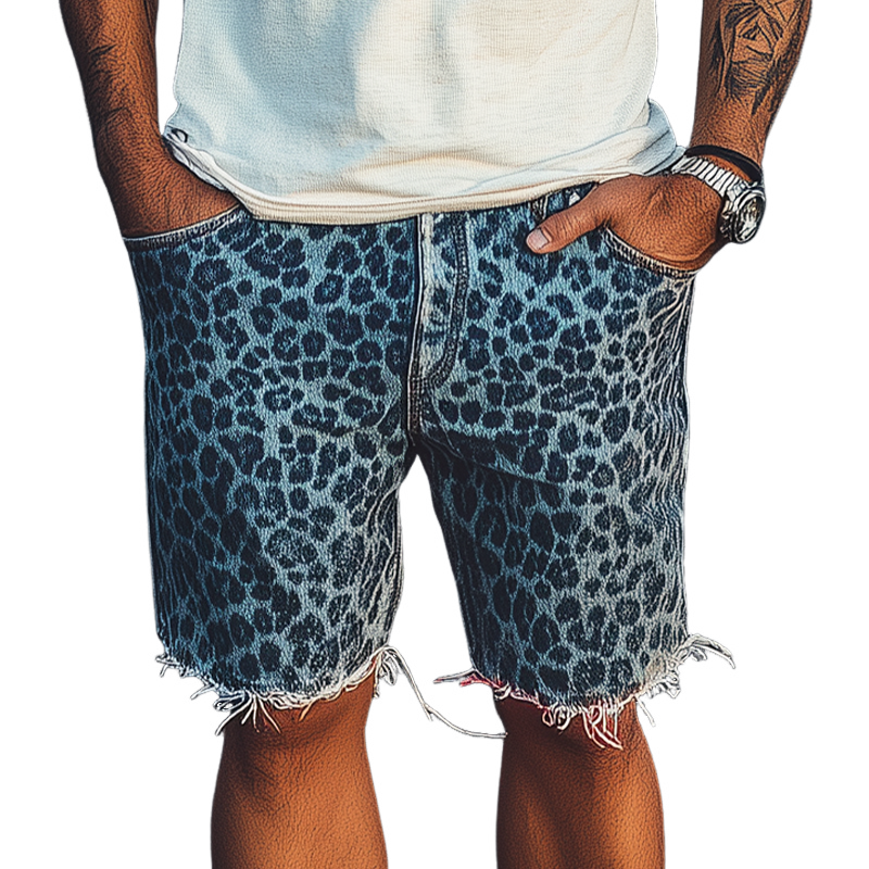 Men's Spring And Summer Fashion Retro Western Cowboy Style Washed Denim Leopard Print Loose Trousers Raw Edge Casual Shorts MTA1378E3K