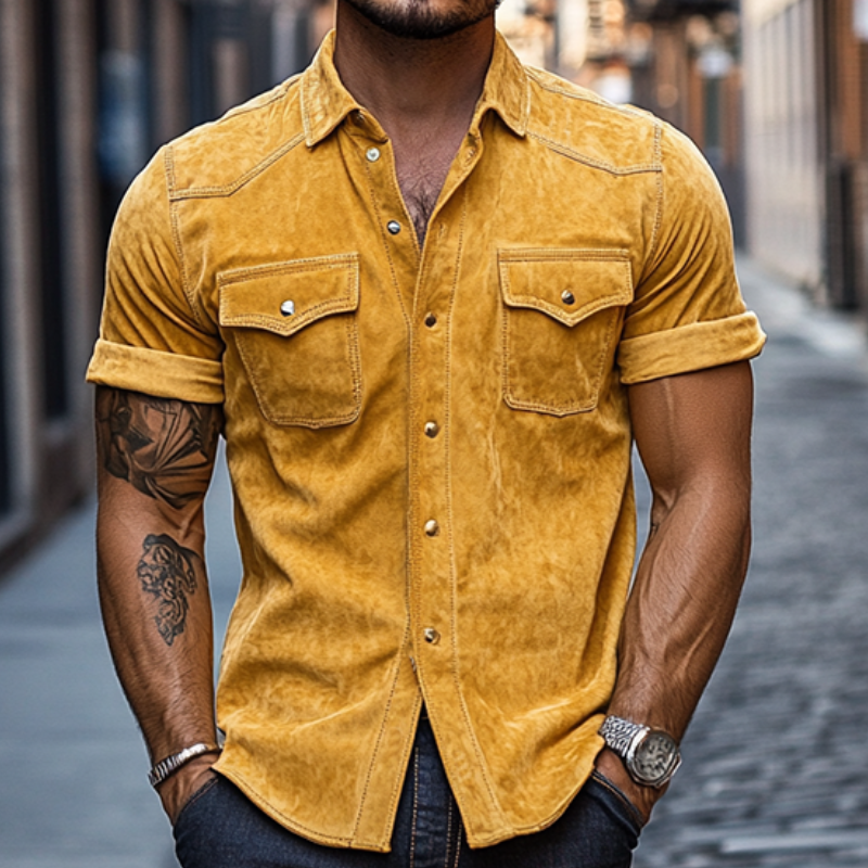 Men's Classic Retro Western Fit Multi-Pocket Suede Rolled Hem Short Sleeve Shirt 03623865K