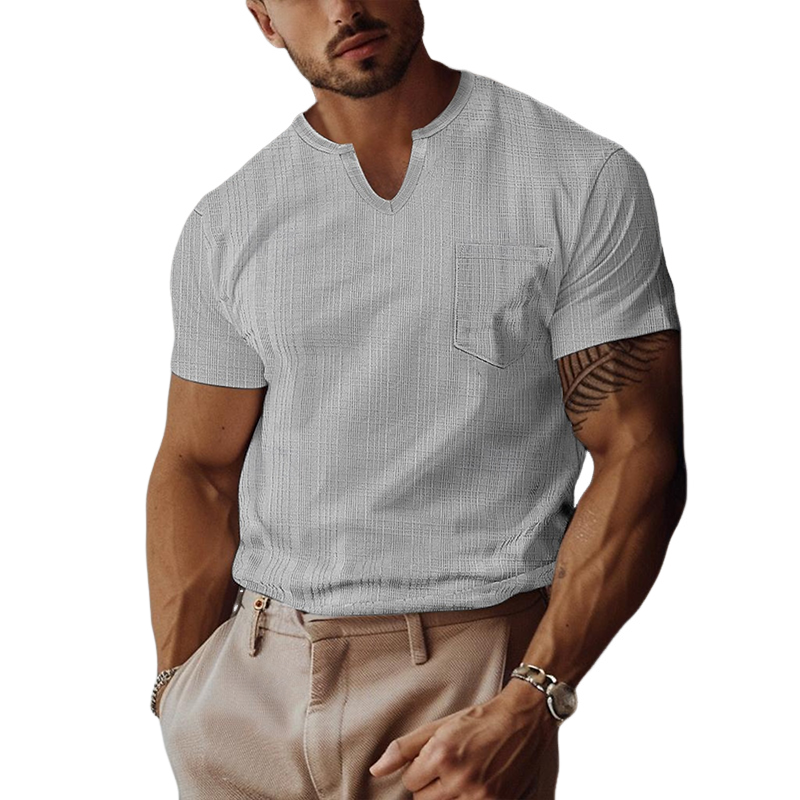 Men's Retro Casual Solid Color Pocket Small V-Neck Short Sleeve T-Shirt MTA0268G5TO