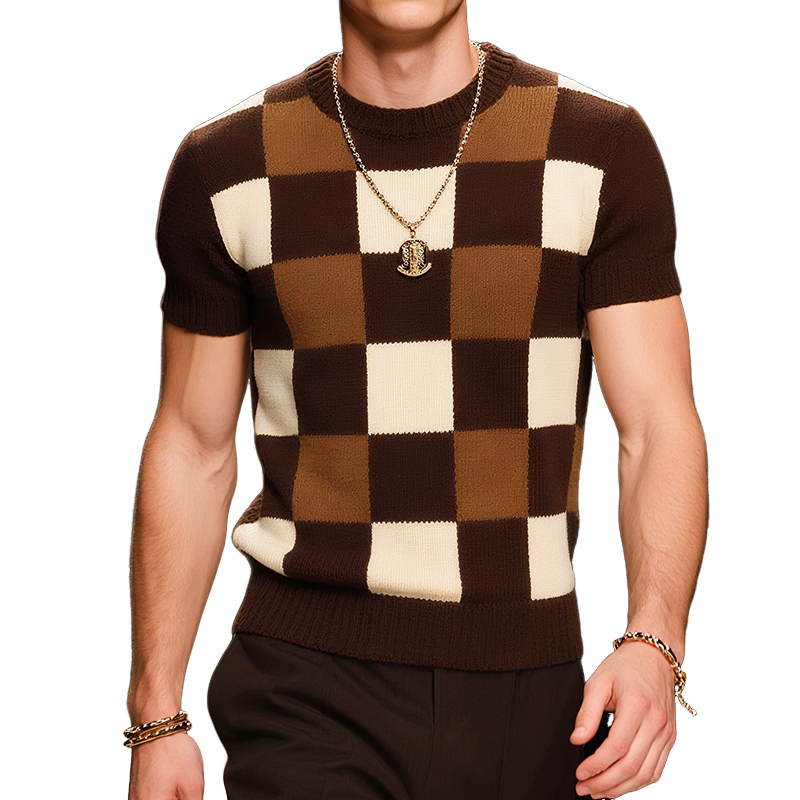 Men's Retro Simple Round Neck Knitted Checkerboard Short Sleeve T-Shirt MTA2565F5TO