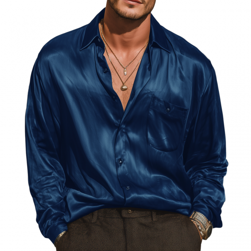 Men's Vintage Elegant Solid Color Satin Lapel Patch Pocket Loose Long Sleeve Shirt MTA1950G0M