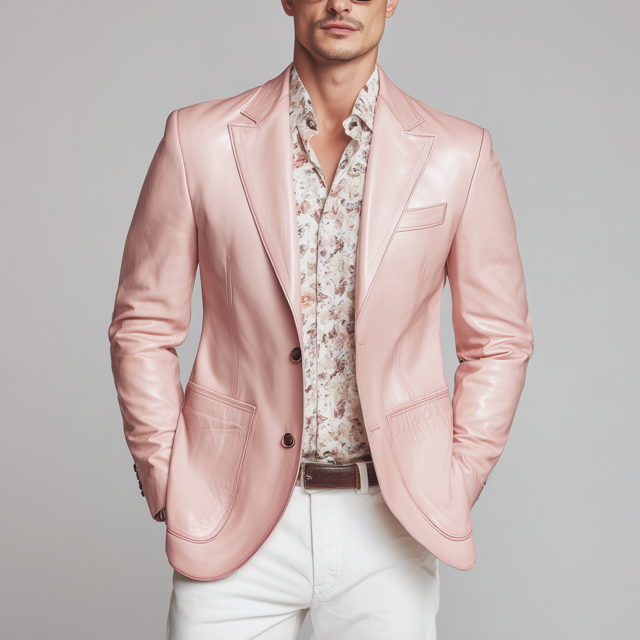 Men's Classic Casual Pink Pu Leather Single-breasted Slim-fit Blazer MTA1240H7K