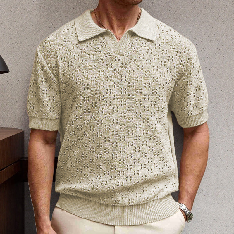 Men's Solid Color Knitted Texture Short Sleeve POLO Shirt MTA0631E0X