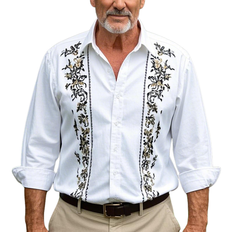 Men's Vintage Classic Lapel Cotton Blend Embroidered Long Sleeve Shirt 24696426F