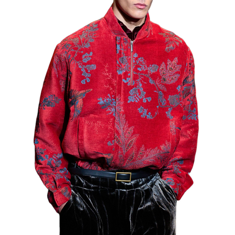 Men's Stand-up Collar Ethnic Print Suede Jacket MTA1750I3U