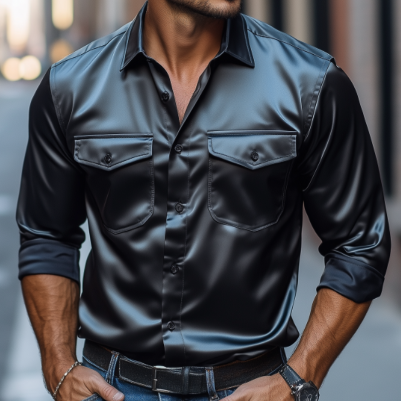 Men's Fashion Spring Summer Retro Casual Satin Long Sleeve Shirt 53682192K