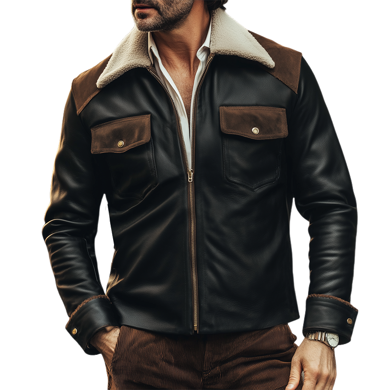 Men's Vintage Fleece Collar PU Leather Jacket MTA1725I3U