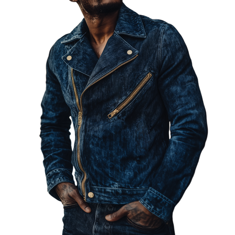 Men's Retro Casual Denim Washed Distressed Zipper Biker Jacket MTA2917H2TO