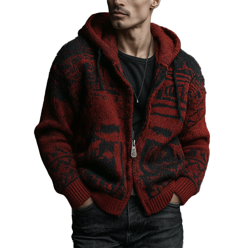 Men's Winter Retro Contrast Color Knitted Jacquard Cotton Yarn Hooded Cardigan MTA2351J3P