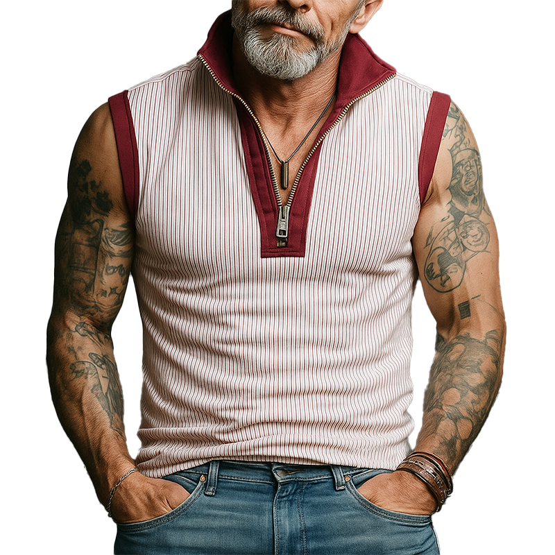 Men's Summer Cotton Blended Retro Stitching Sleeveless Zipper Tank Top MTA1441G9P