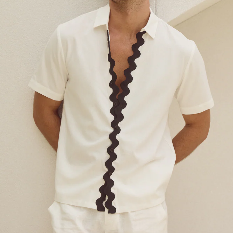 Men's Spring And Summer Fashion Casual Wave Ribbon Decorated Short Sleeve Shirt Shorts Set MTA0942G0K