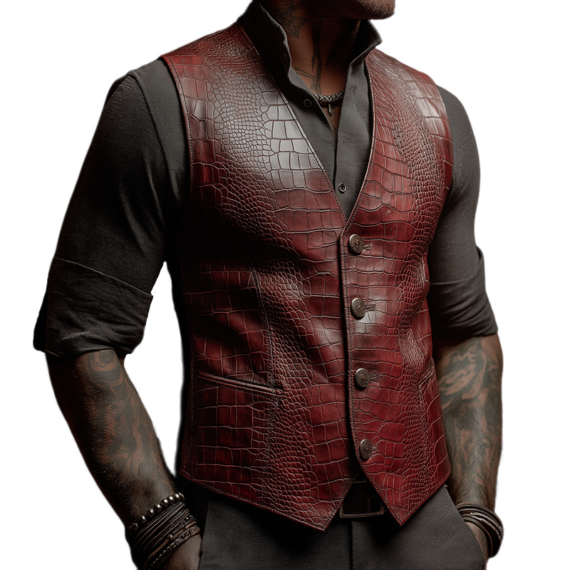 Men's Retro Casual Crocodile Pattern PU Leather Vest MTA2104H4TO