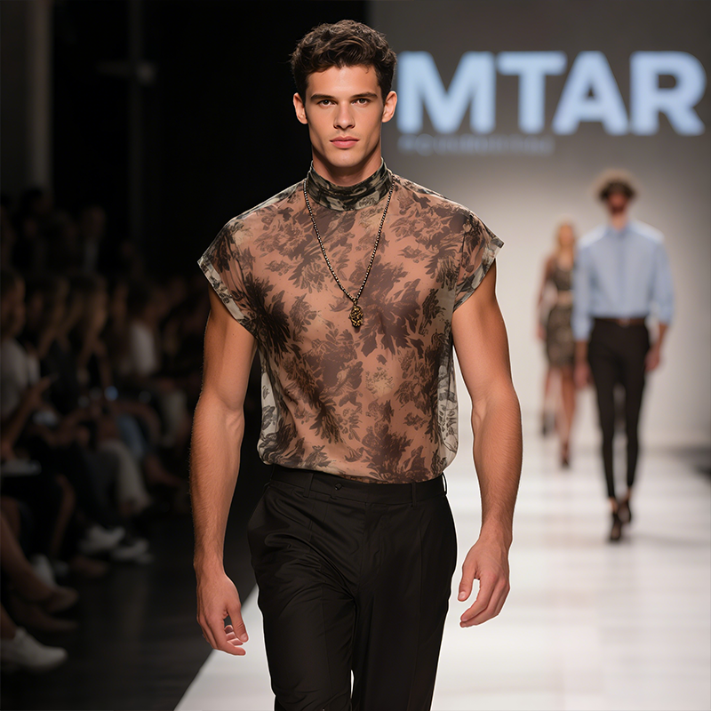 Men's Retro Mesh Printed Pullover Elastic Round Neck Sleeveless T-Shirt MTA2587F5TO