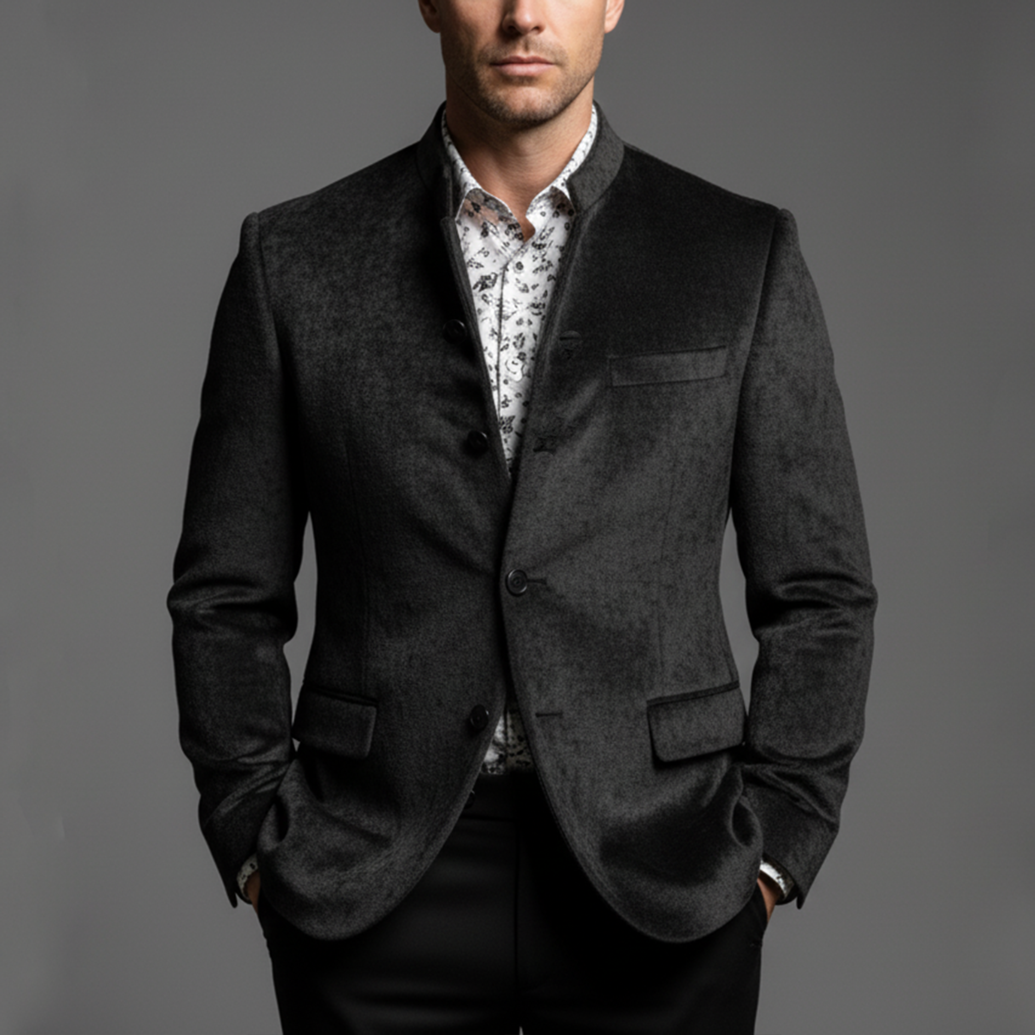 Men's Classic Light Business Chenille Blend Stand Collar Single Breasted Jacket MTA2272I9K