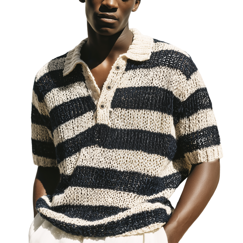Men's Summer Classic Black And White Striped Knitted Polo Neck T-Shirt MTA0775G6U
