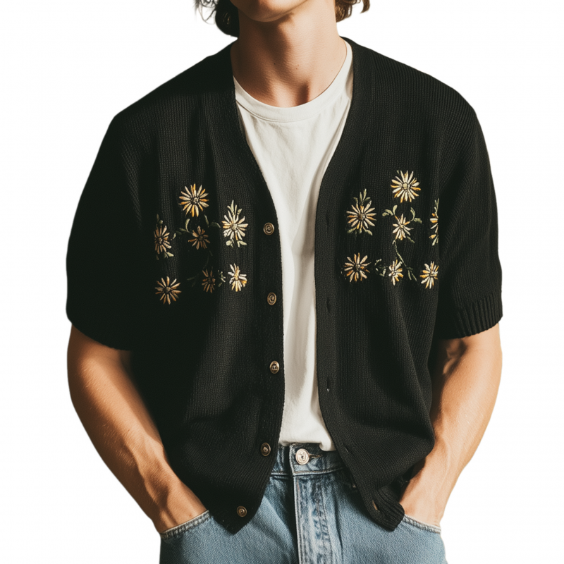 Men's Fashion Daisy Embroidery V-Neck Single-Breasted Short-Sleeved Knitted Cardigan MTA1841F7M