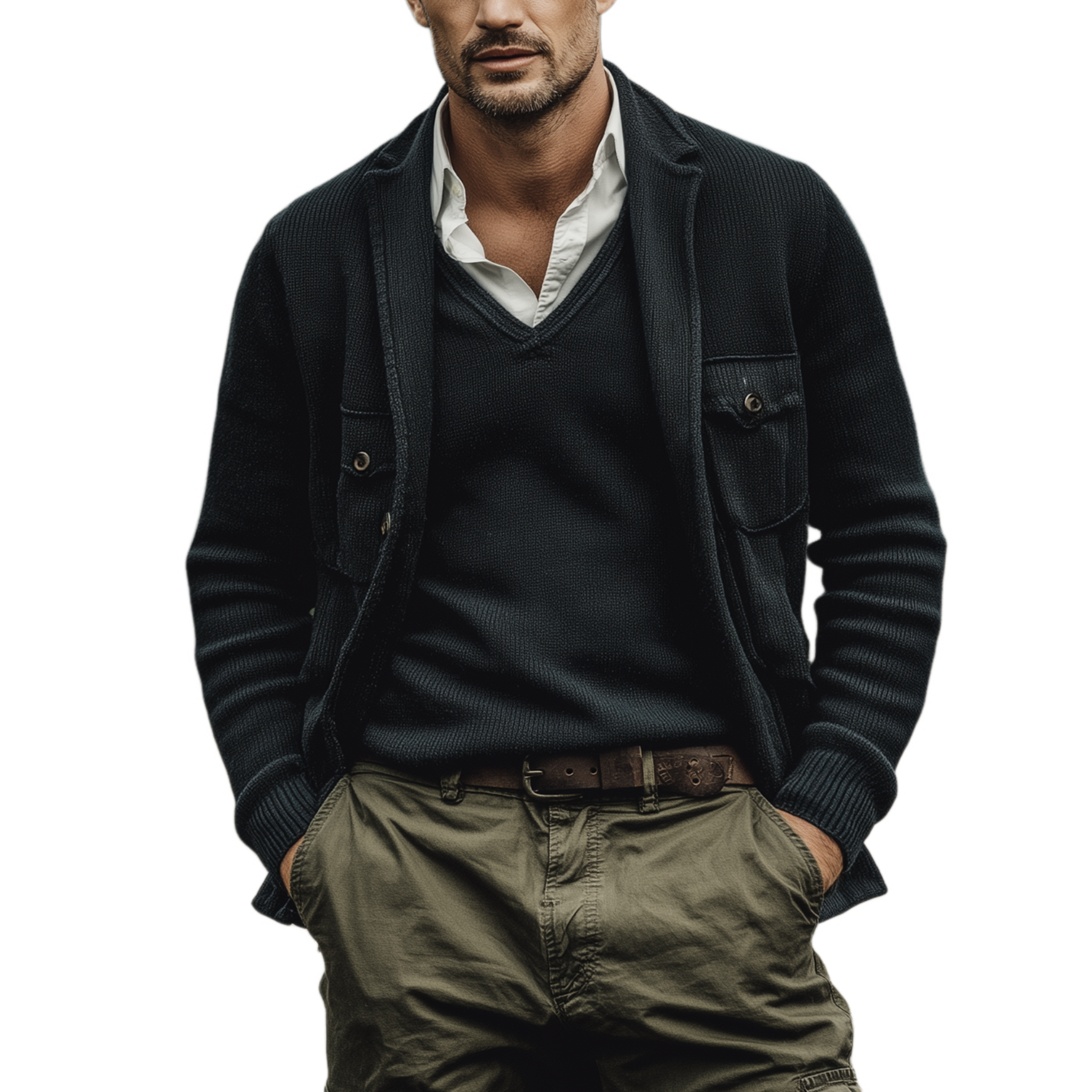 Men's Classic Casual Suit Collar Pocket Knit Cardigan MTA1465J3K