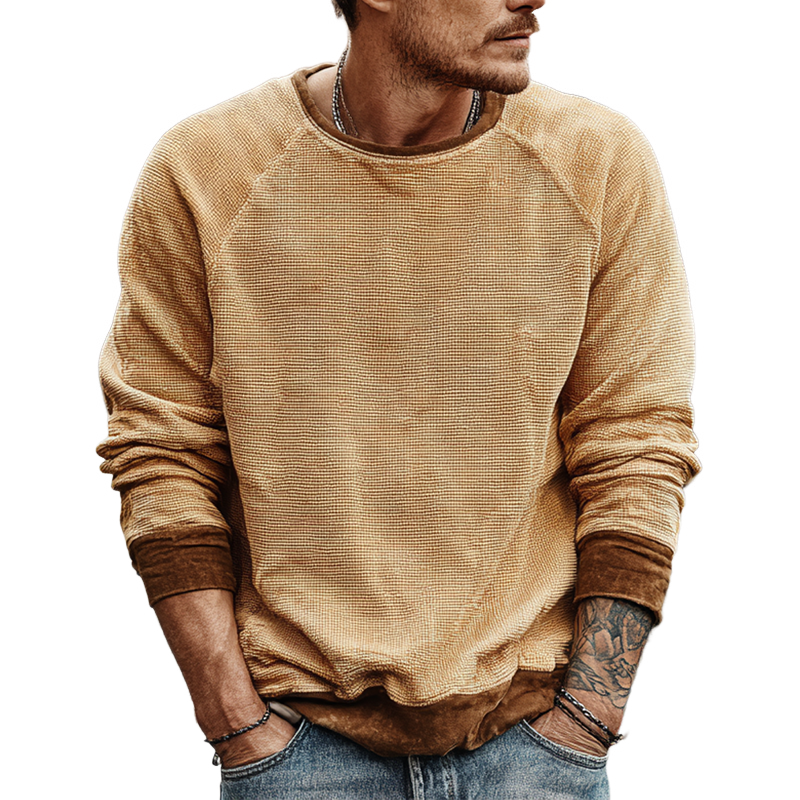 Men's Waffle Panel Faux Suede Long Sleeve Sweatshirt MTA1637I3X