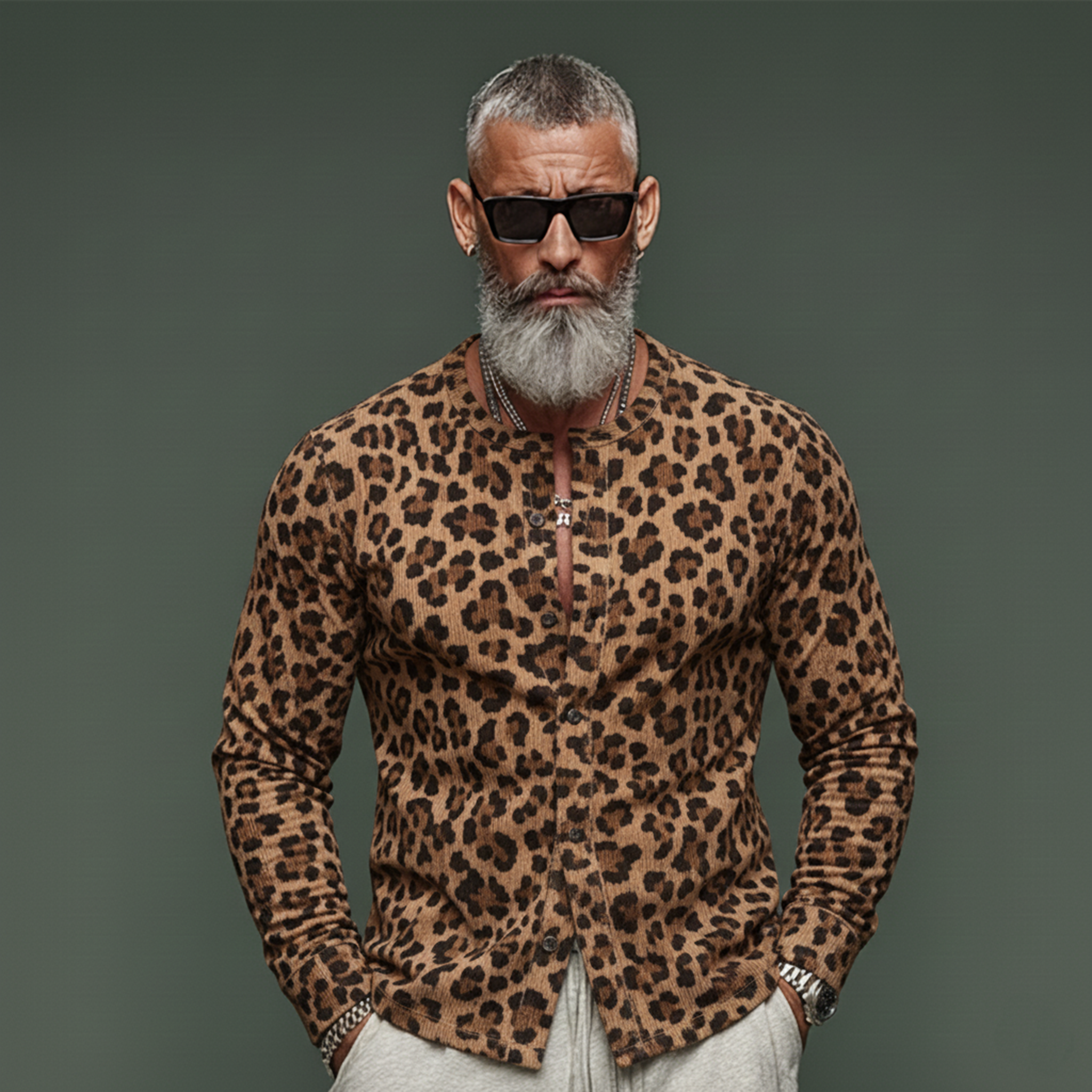 Men's Classic Vintage Leopard Print Corduroy Slim-fit Long-sleeved Shirt MTA1599L1K