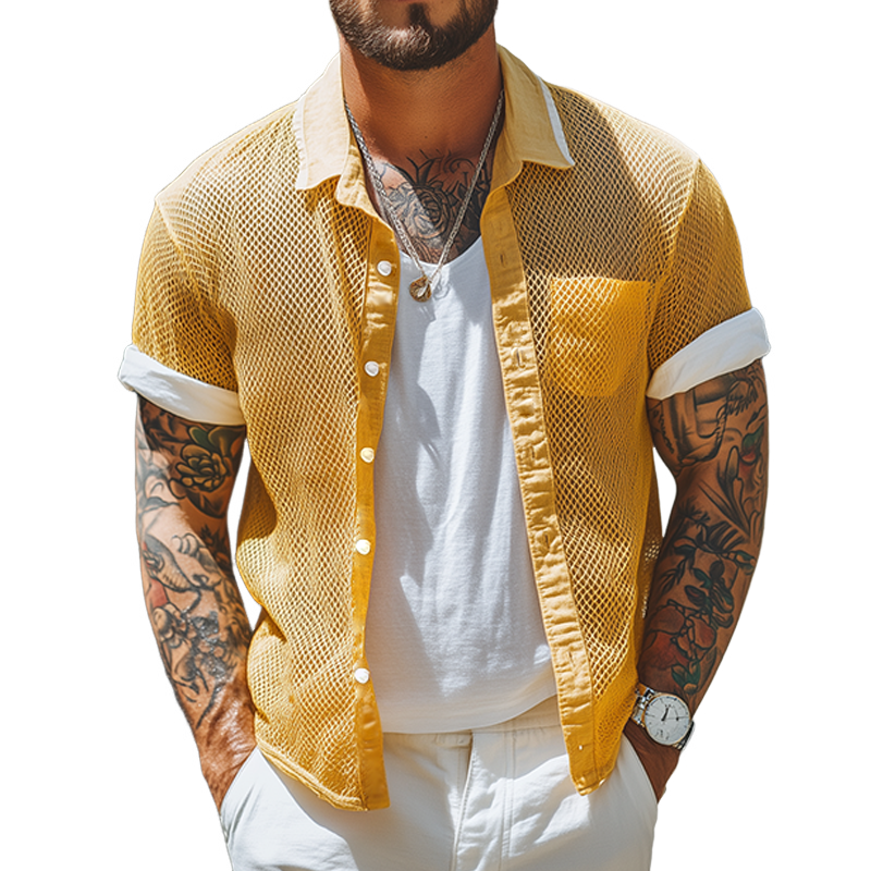 Men's Retro Mesh Splicing Lapel Short Sleeve Shirt MTA2691F0TO