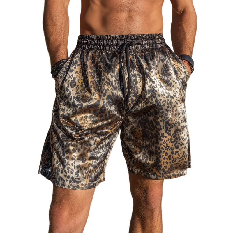 Men's Fashion Casual Leopard Print Satin Elastic Waist Shorts MTA1437G8K