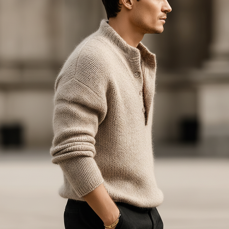 Men's Classic Light Khaki Button-up Stand-collar Knitted Sweater MTA3093K1U