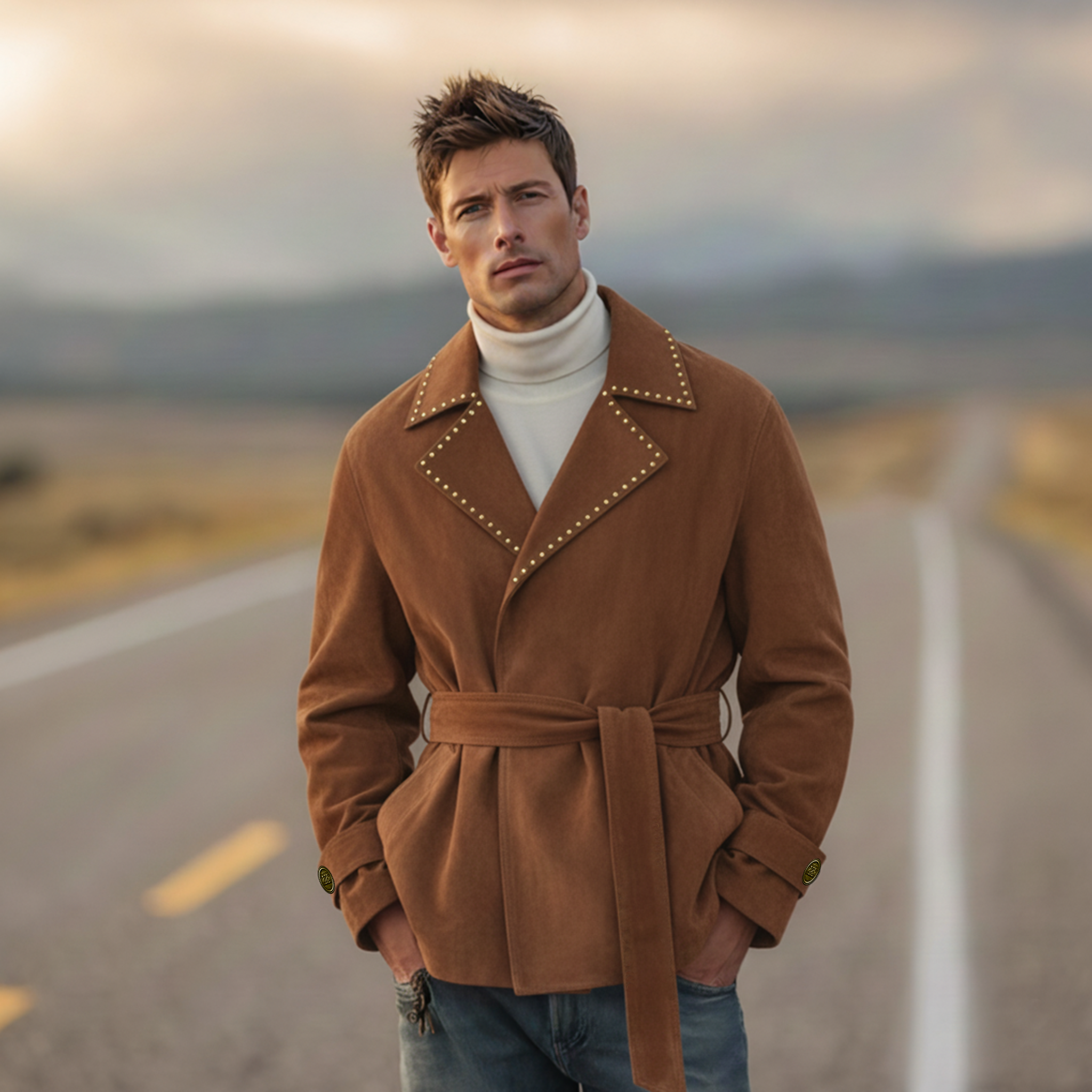 Men's Classic Retro Western Style Lapel Studded Belted Faux Suede Jacket MTA1178K5K